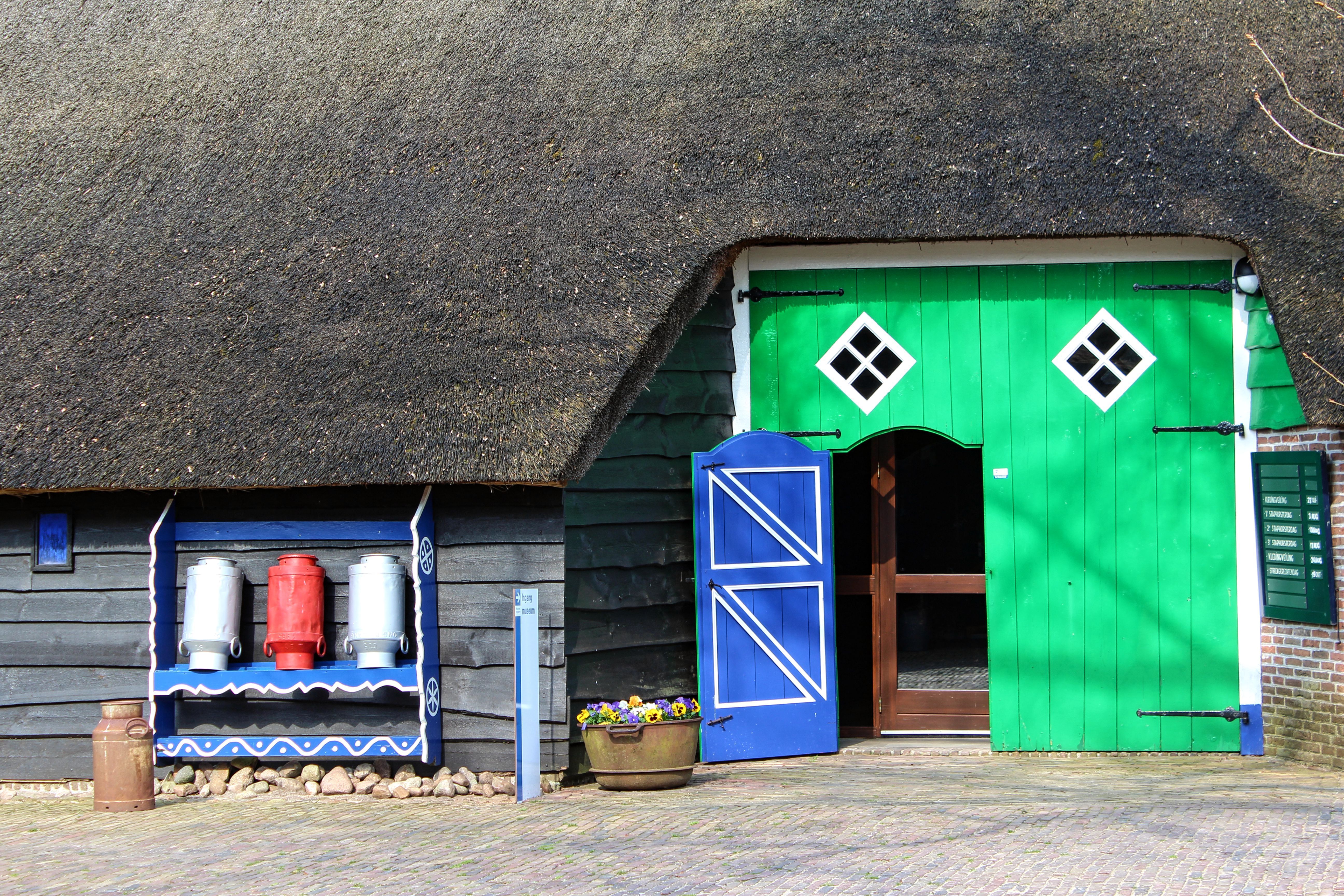 Farverig bondegård i Staphorst, Holland med traditionelt stråtag og træfacade