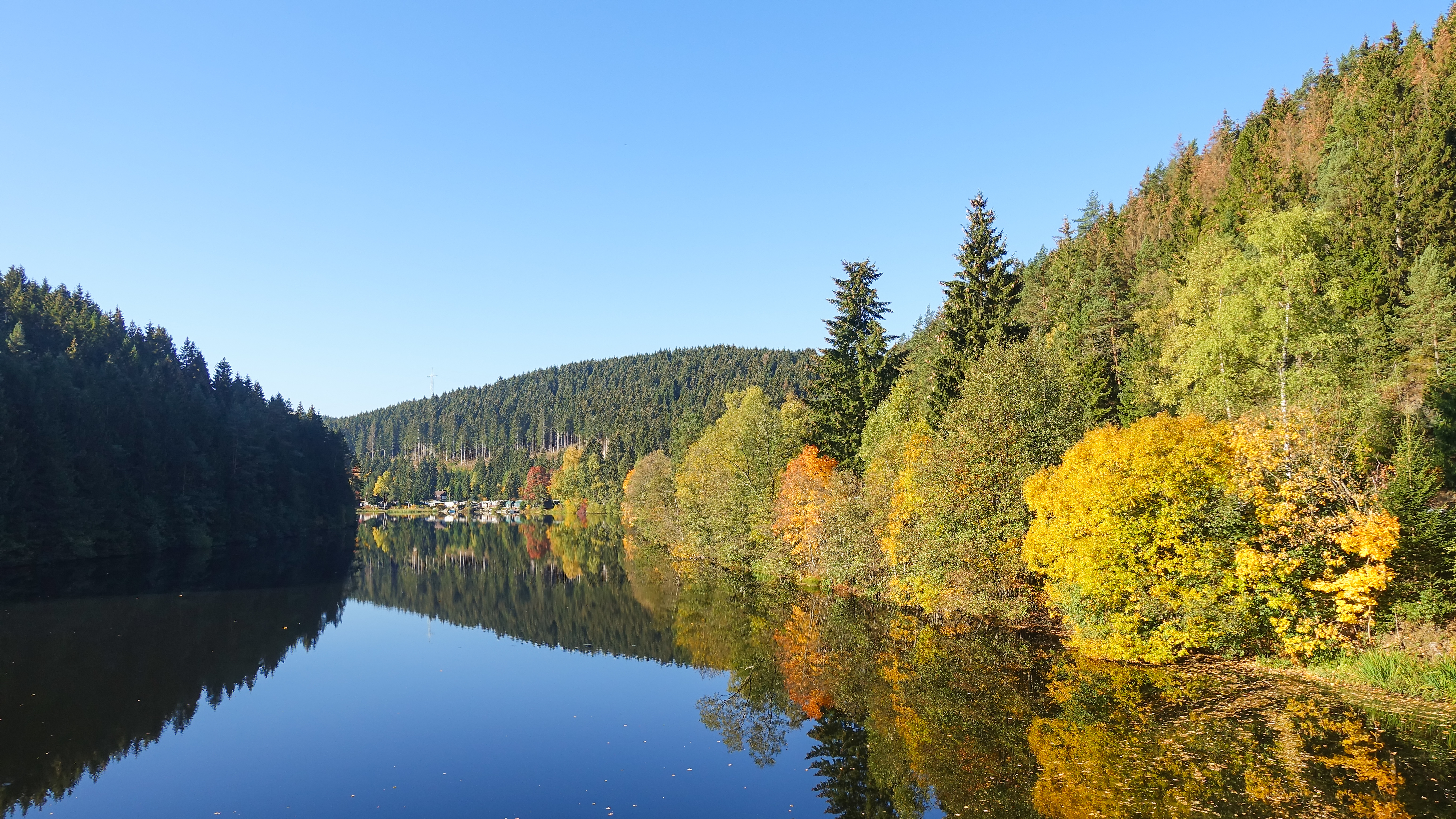 Stille sølandskab omgivet af efterårsfarver og skov i de tyske Harz-bjerge