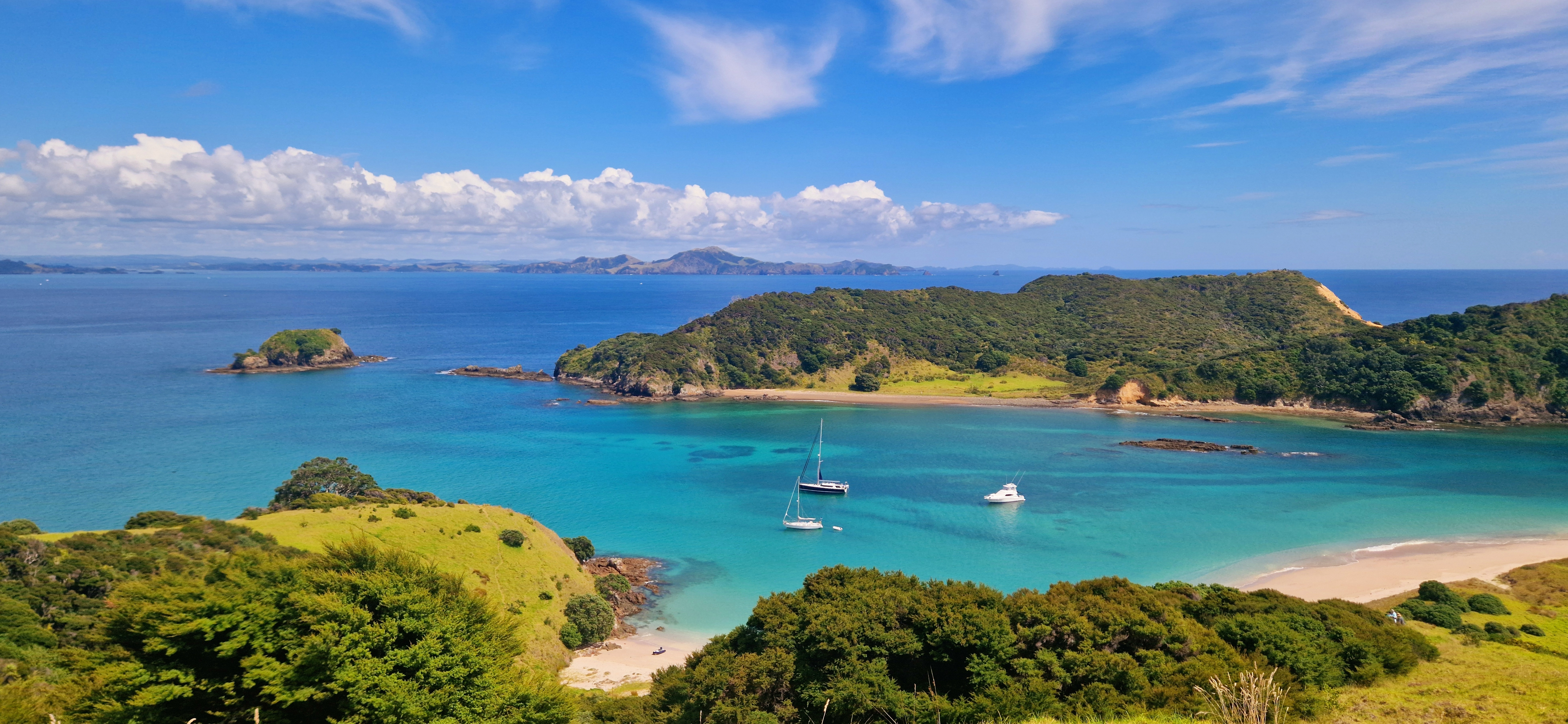 Idyllisk bugt med sejlbåde ved Stingray Bay i Bay of Islands, New Zealand, med krystalklart vand og frodig vegetation