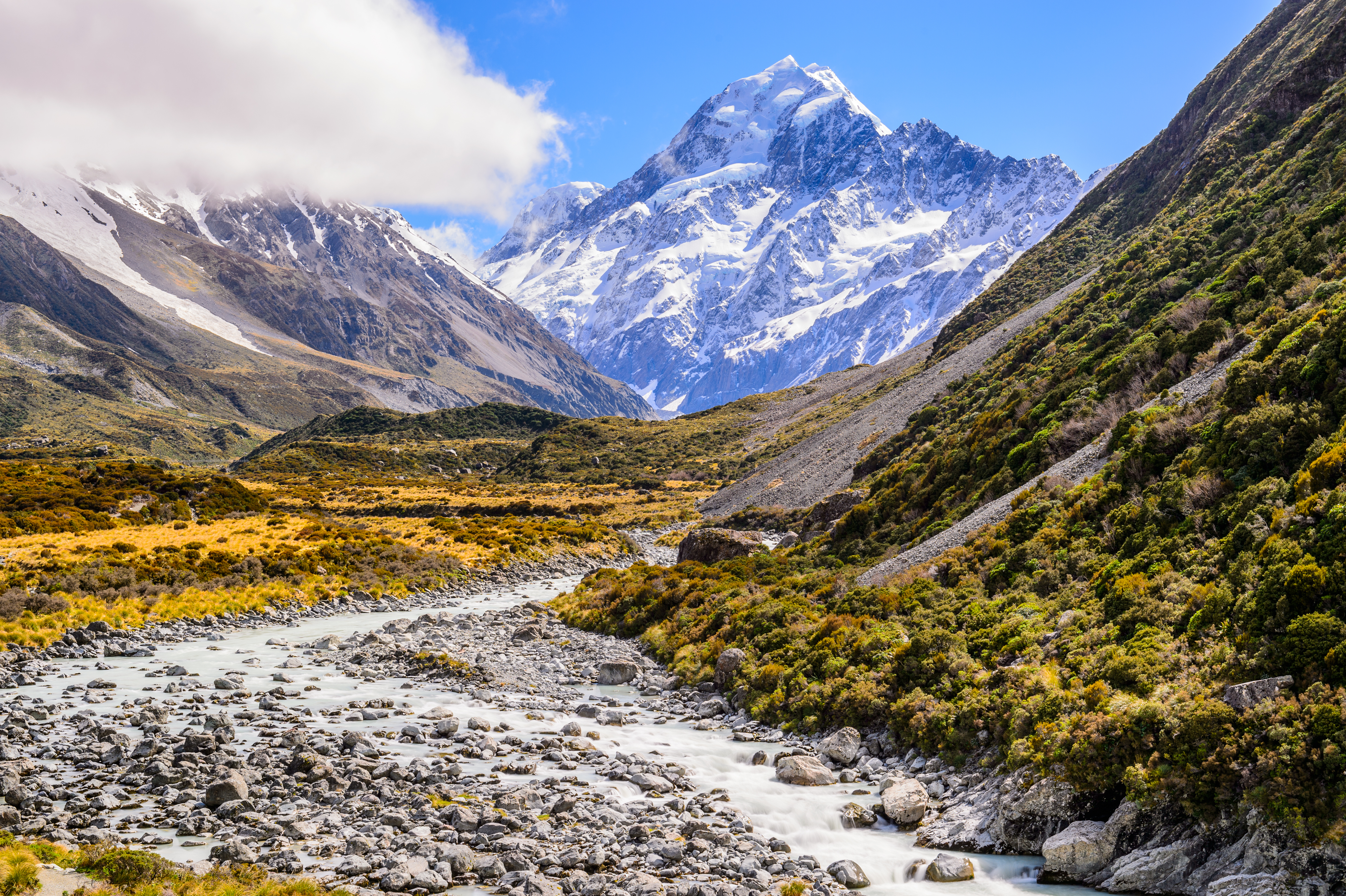 Spektakulært bjerglandskab ved Mount Cook med vandløb gennem gylden dal i New Zealand