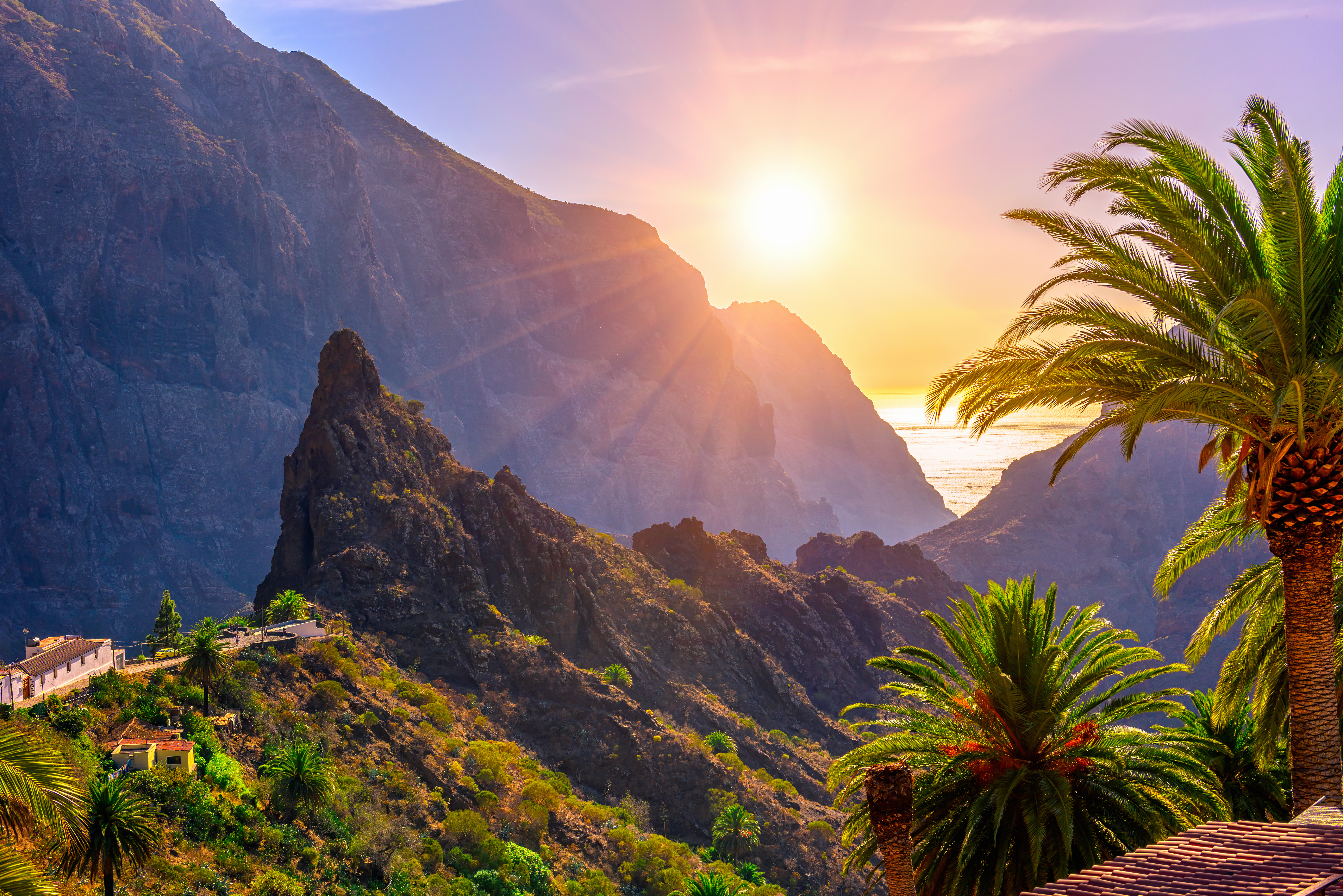 Majestætisk solnedgang over Masca Canyon på Tenerife med vulkanske bjergtinder, frodige palmer og havudsigt på De Kanariske Øer