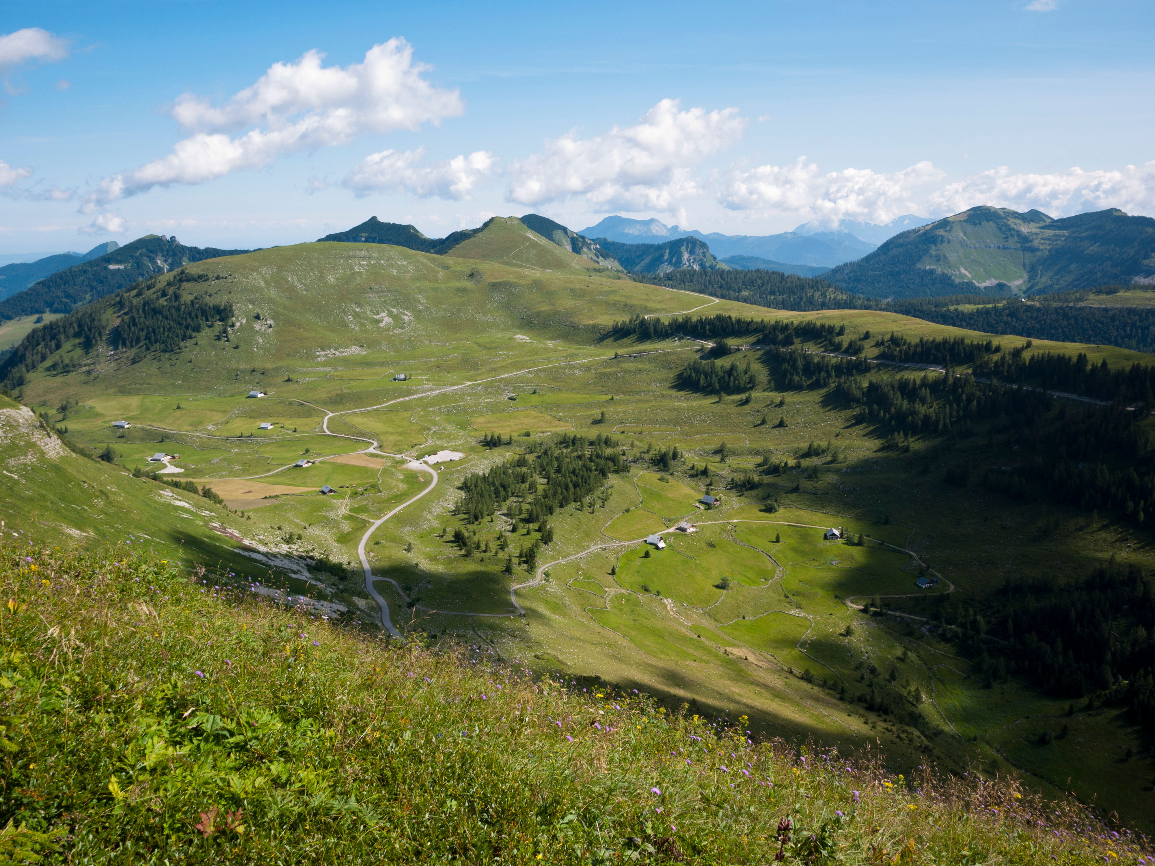 Breathtaking udsigt over Tirols grønne bjergdale med alpine enge og traditionelle bjergkytter