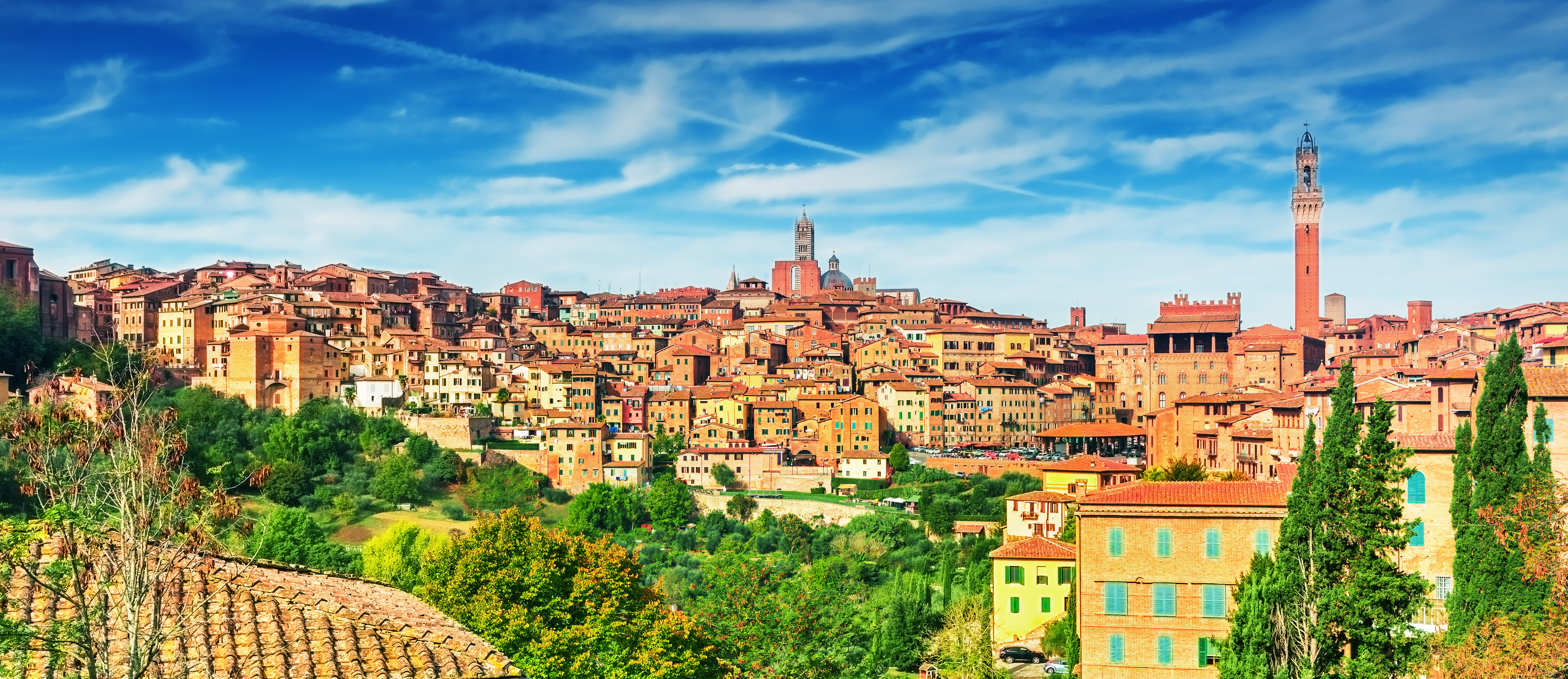 Fantastisk udsigt over middelalderbyen Siena i Toscana med den majestætiske katedral, det historiske Mangia-tårn og de rustikke tegltagsbygninger