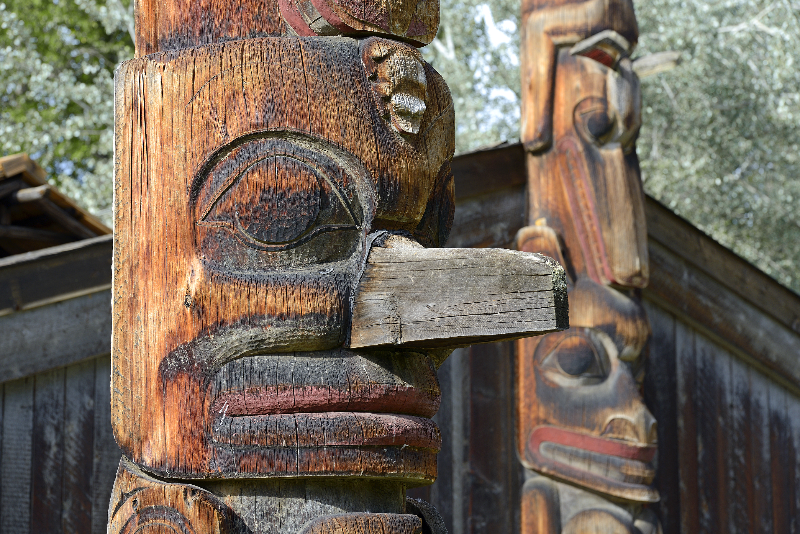 Smukke First Nations totempæle med rige kulturelle udskæringer i Ksan Village nær Hazelton, Canada