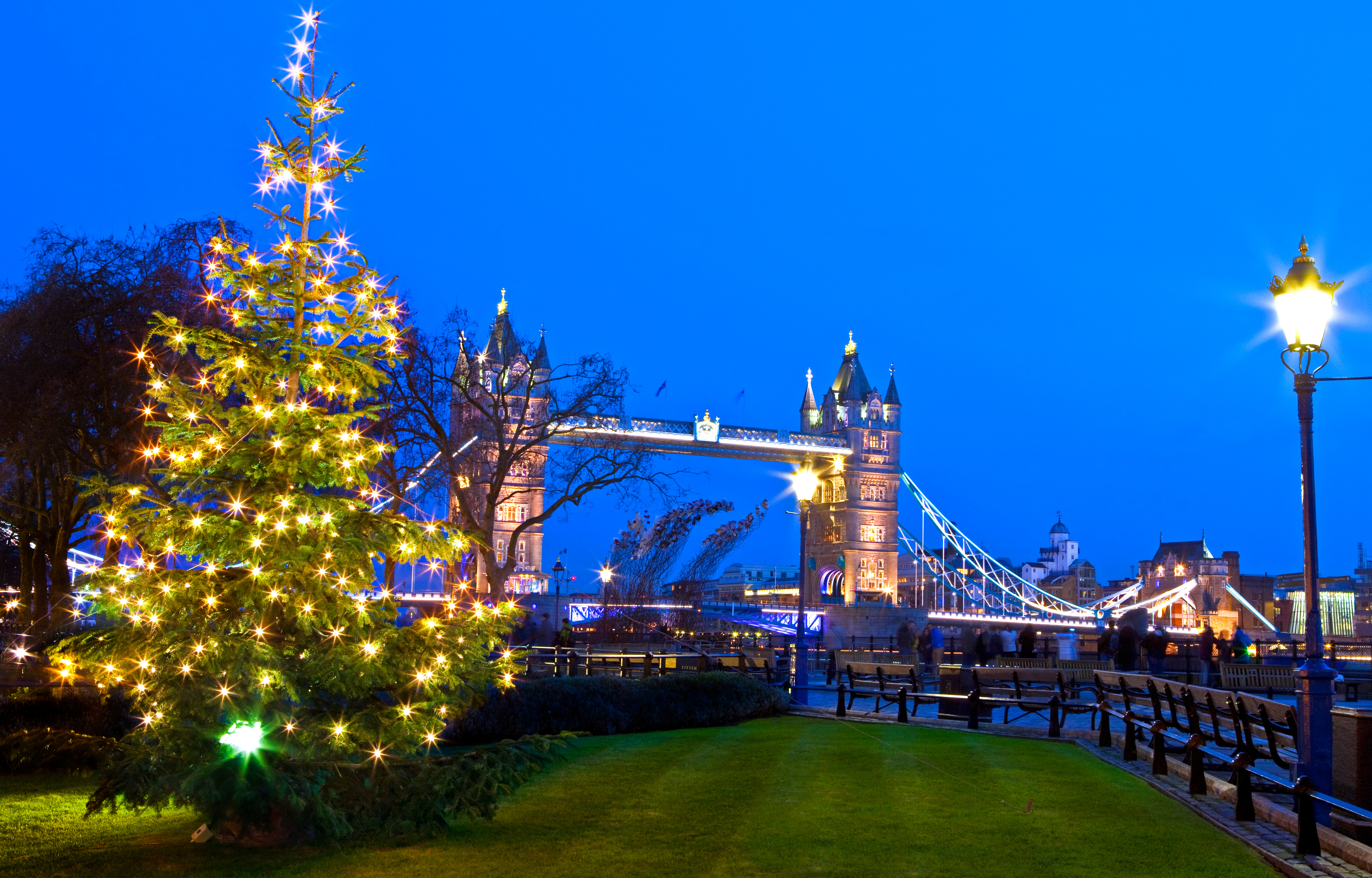 Tower Bridge i London badet i julelys med et stort dekoreret juletræ og Themsen i forgrunden