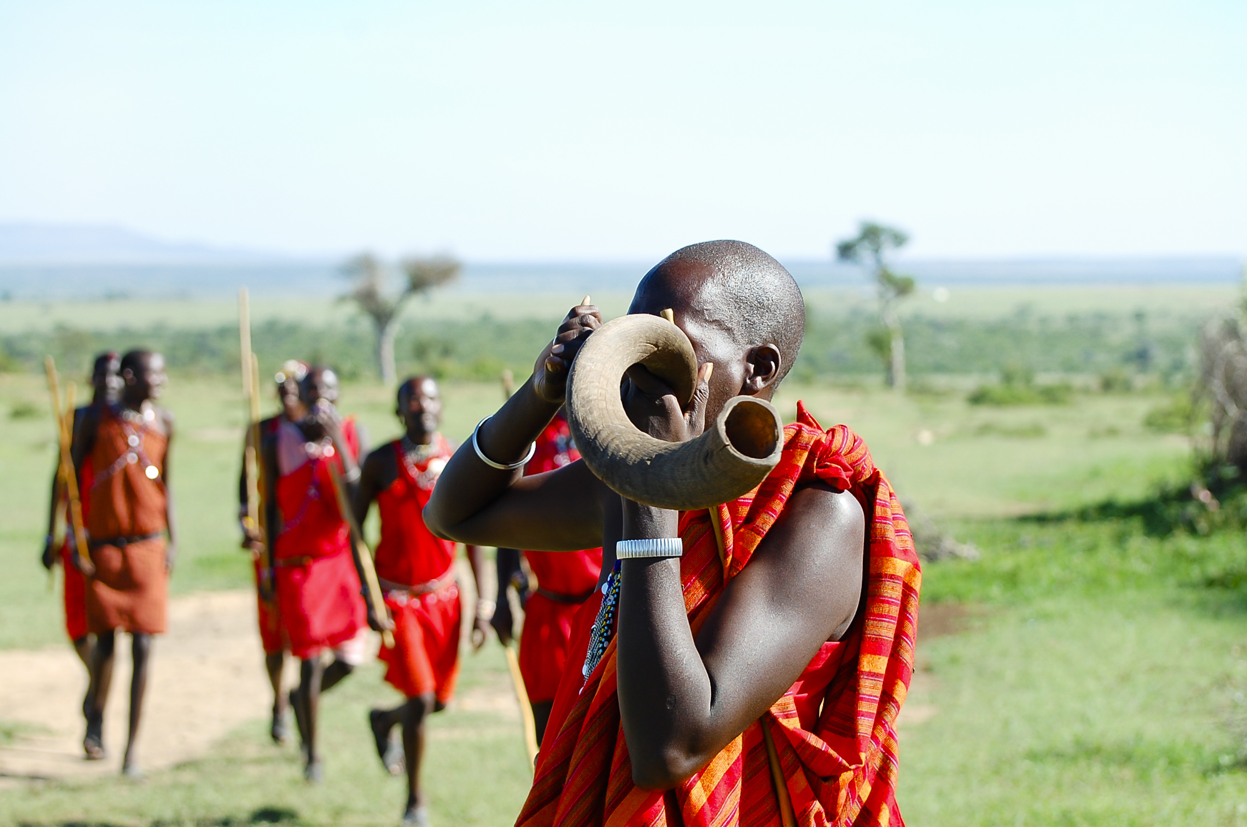 Masai mand i farverig traditionel påklædning spiller horn under kulturel dans