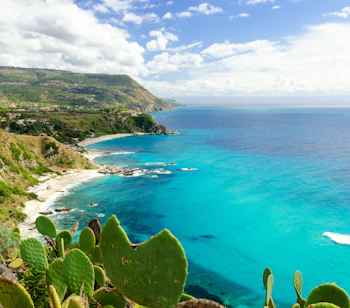 Pragtfuld udsigt over det turkise hav ved Capo Vaticano nær Tropea i Calabrien, Italien, med kaktusplanter i forgrunden og klart blåt Middelhav i baggrunden