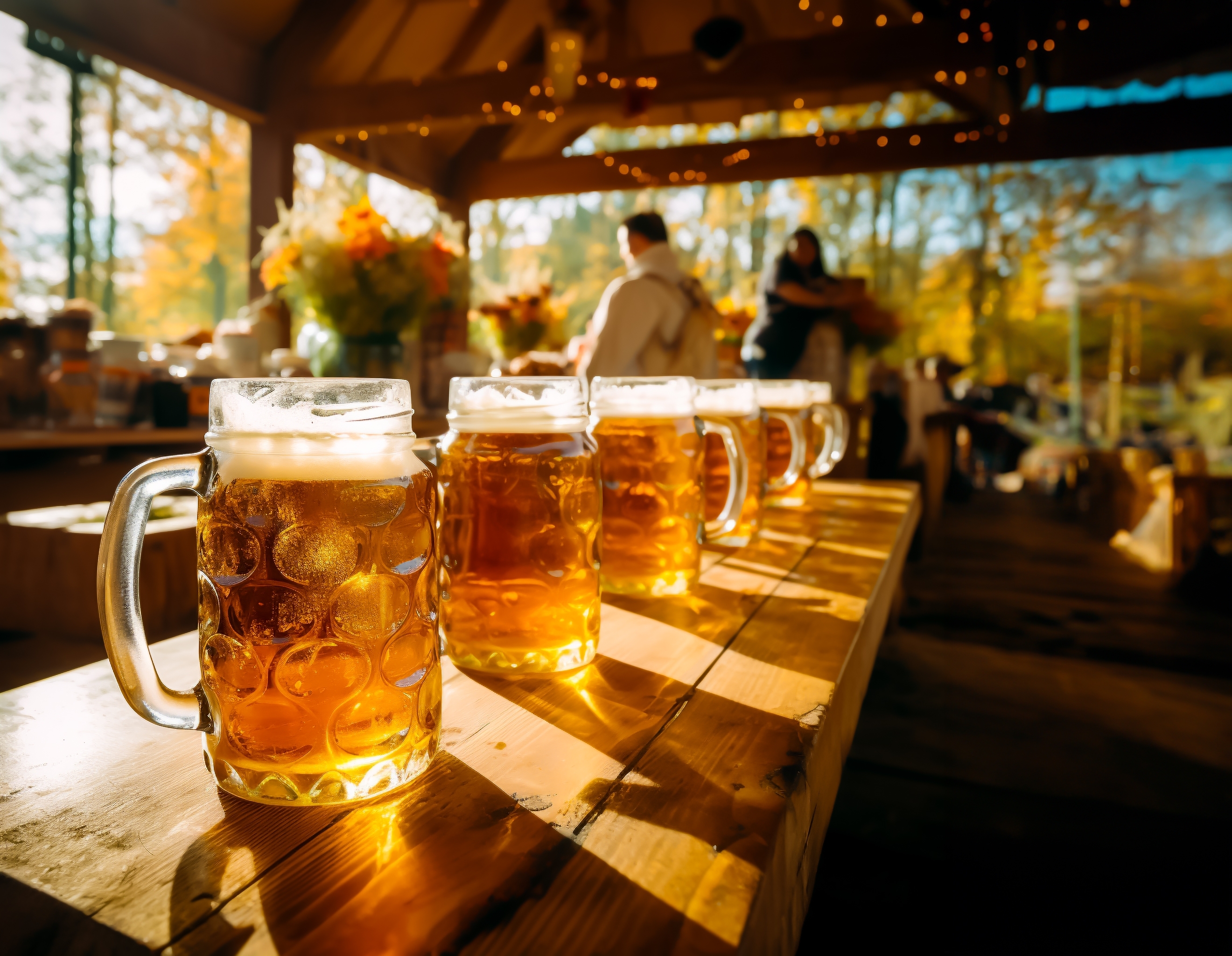 Traditionel tysk ølkultur med store ølkrus i Bayern biergarten