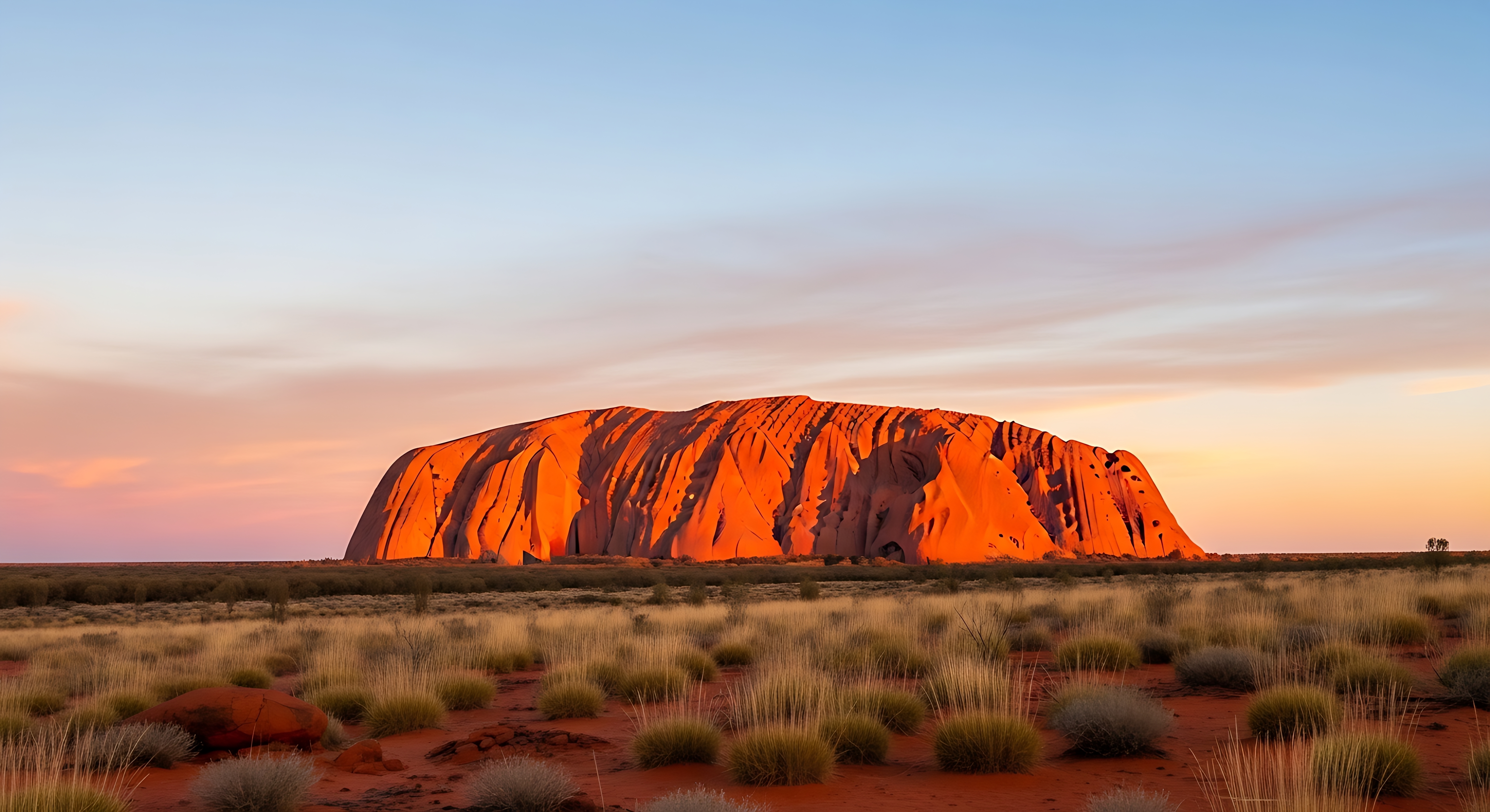 Uluru også kendt som Ayers Rock glødende rødt ved solopgang i det australske outback i Nordterritoriet