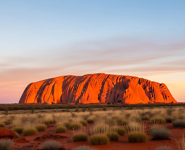 Uluru også kendt som Ayers Rock glødende rødt ved solopgang i det australske outback i Nordterritoriet