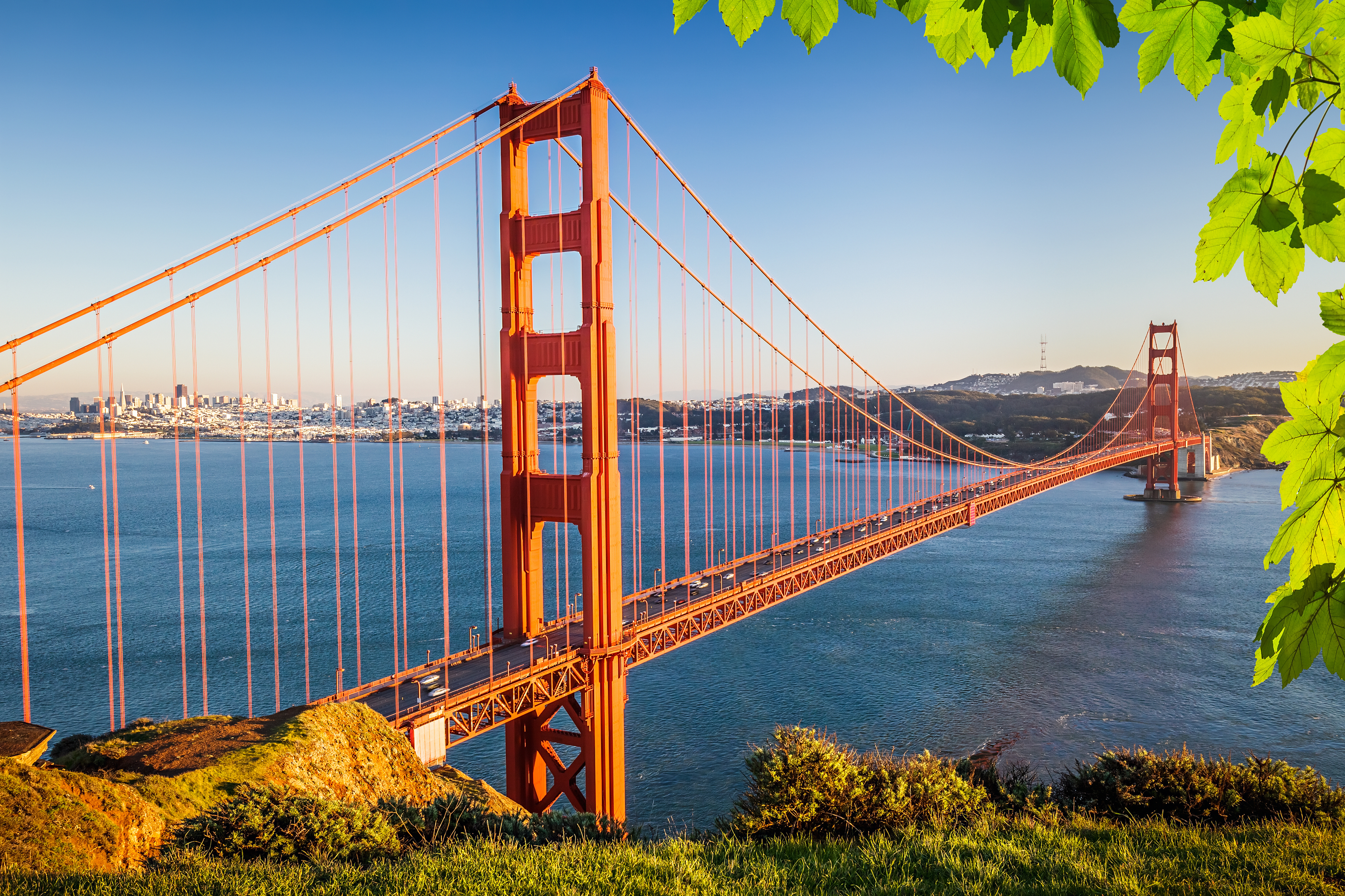 Det berømte Golden Gate Bridge landmark i San Francisco under en klar himmel