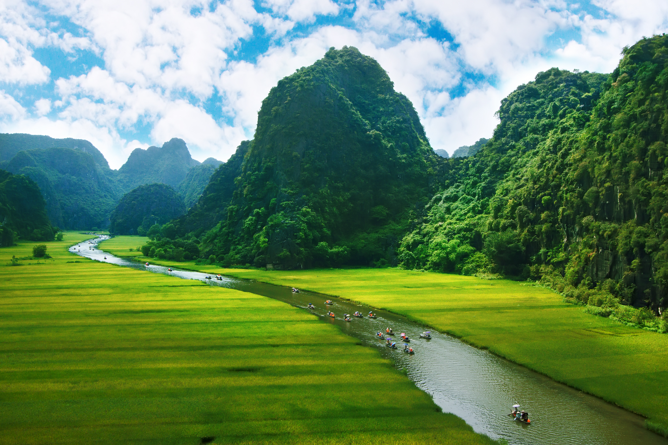 Tropisk flodlandskab med groenne rismarker og skovkladte bjerge i Vietnam