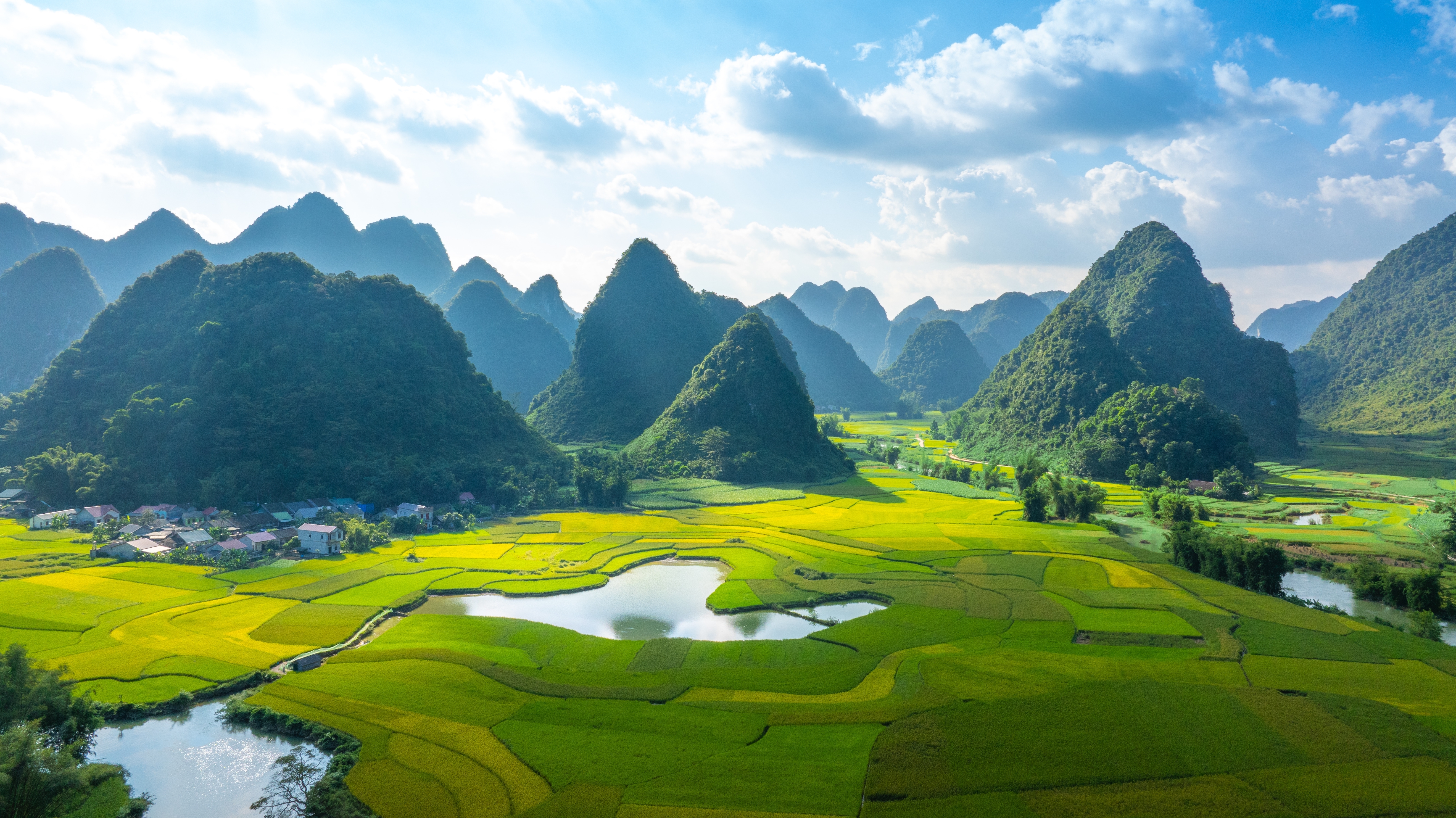 Luftfoto af det storslåede landskab med gyldne rismarker og karstbjerge i Trung Khanh, Cao Bang