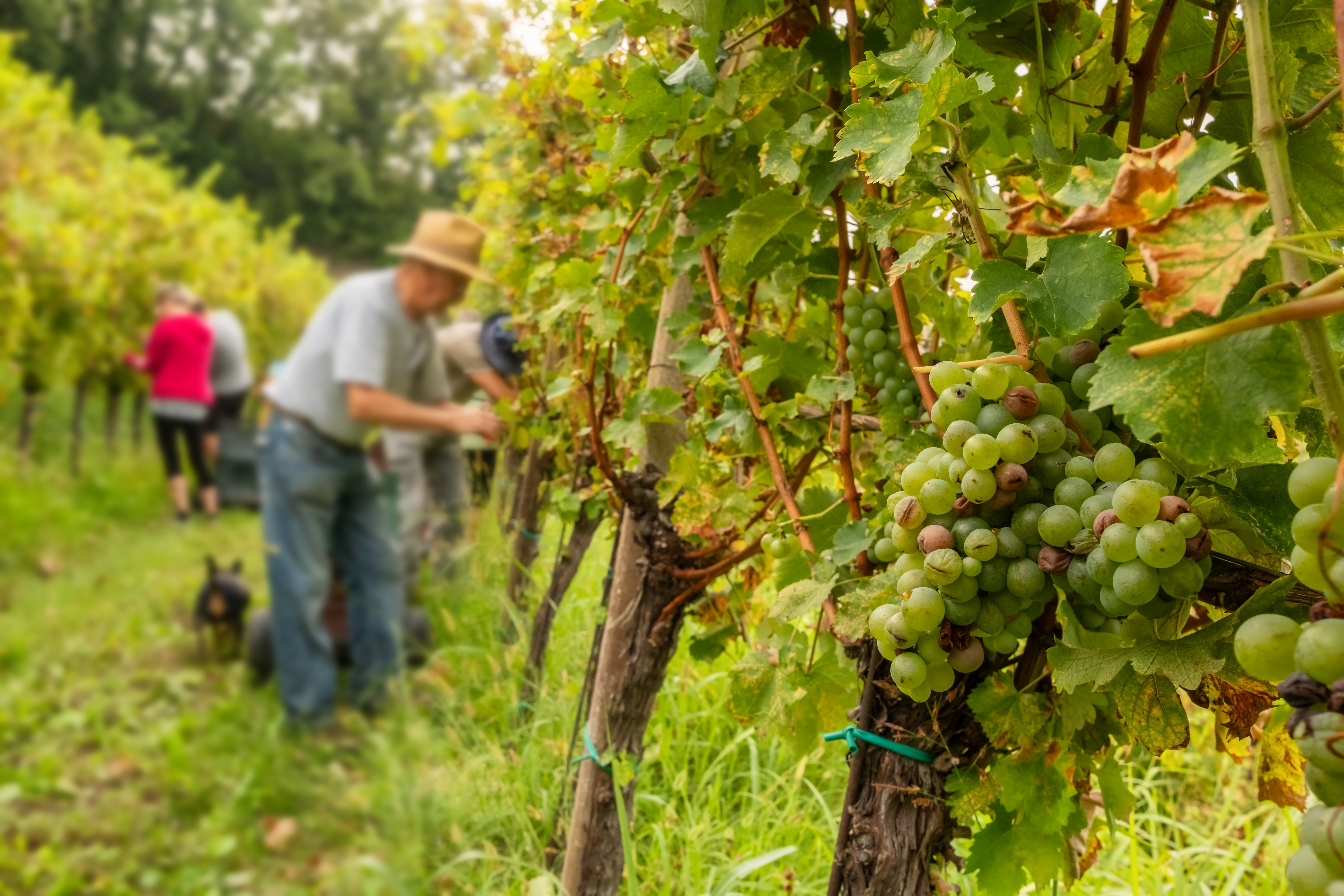 Gyldne klaser af Sauvignon-druer klar til høst med sæsonarbejdere i baggrunden der plukker druer til vinproduktion i den solrige vingård