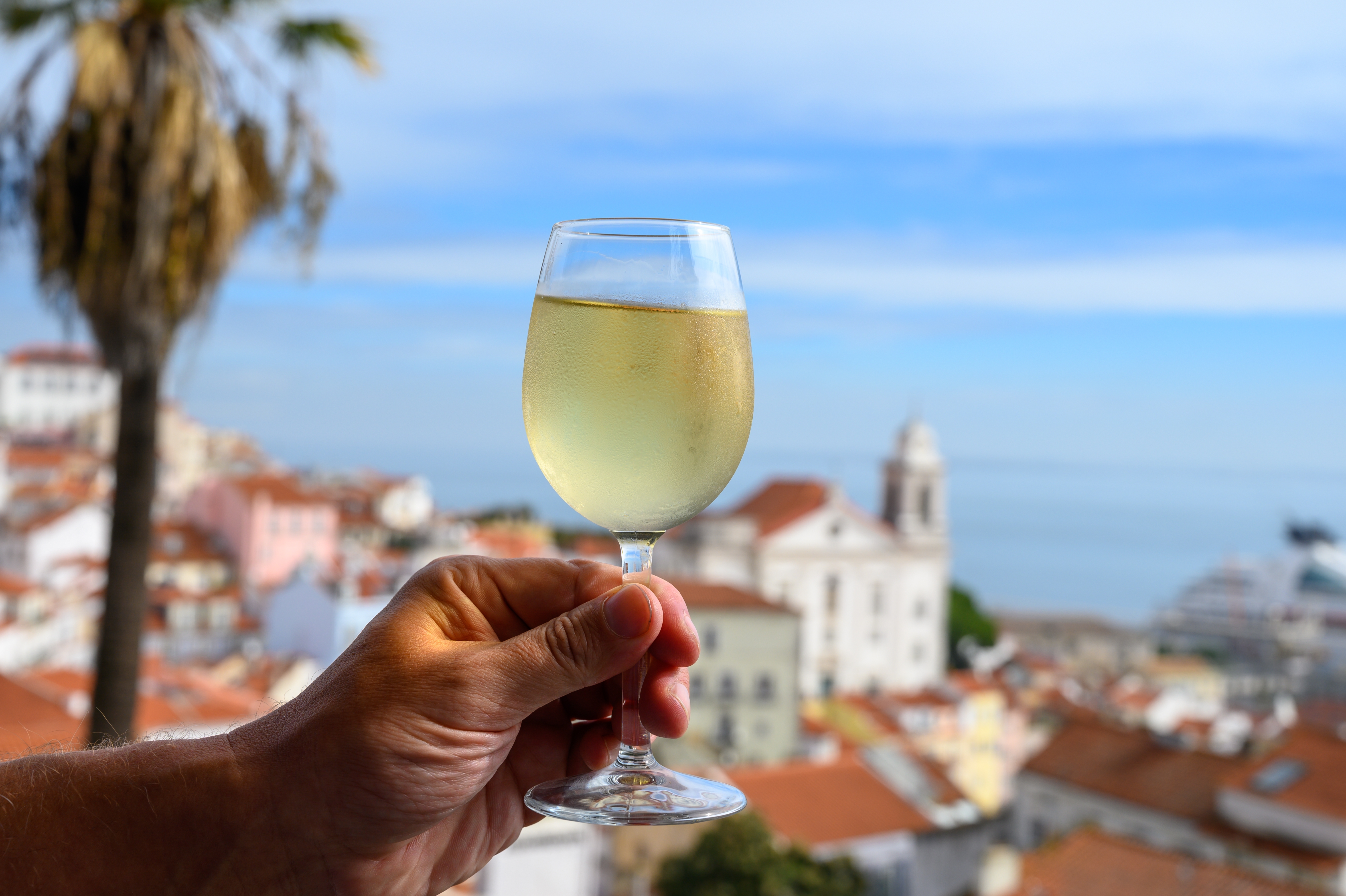 Hånd holder vinglas med hvidvin på terrasse-café med udsigt over Lissabons historiske Alfama-kvarter
