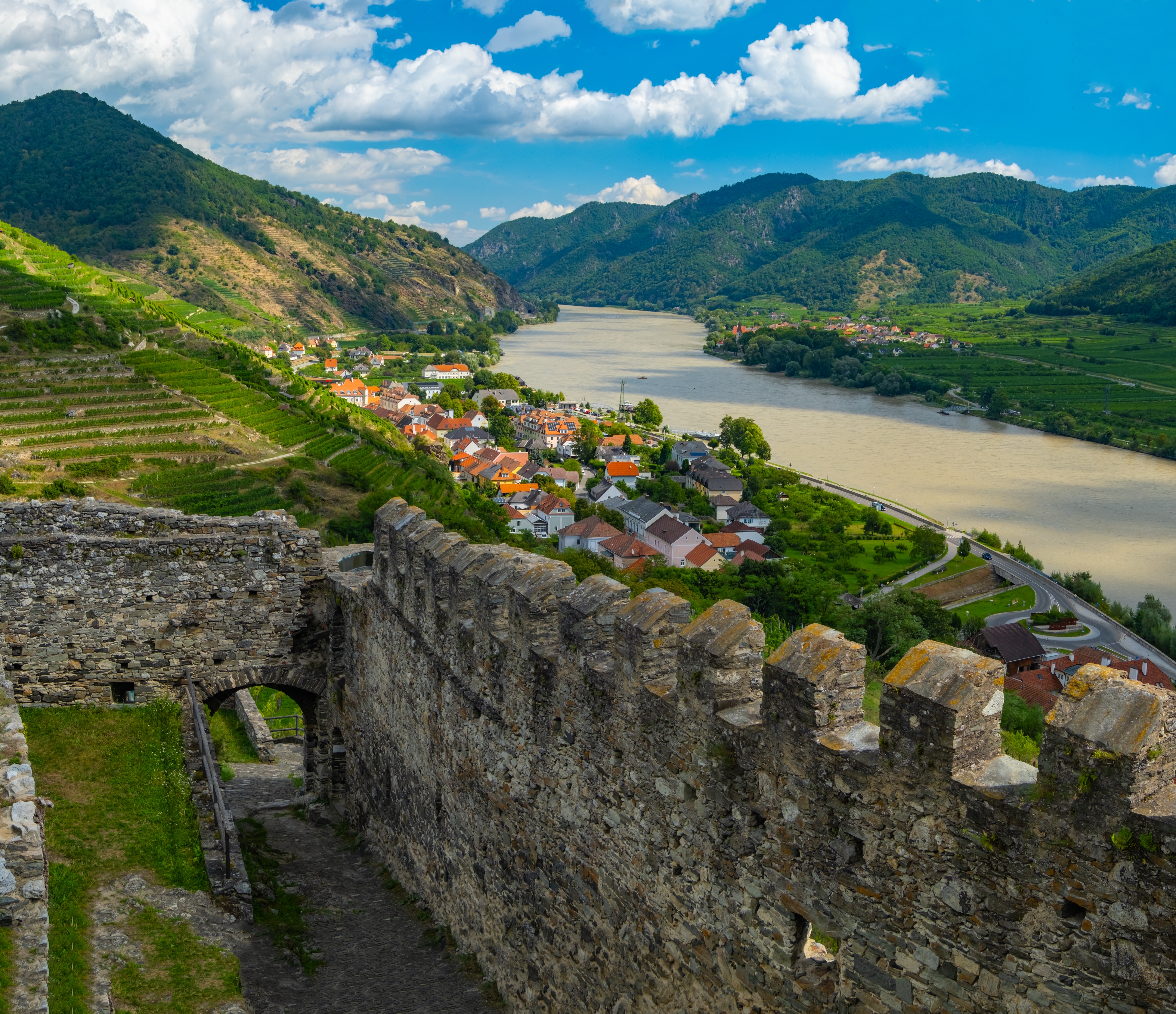 Fantastisk udsigt fra Hinterhaus borgruin over Wachau-dalen med smukke vinmarker i terrasser, landsbyen Spitz og den roligt flydende Donau i Østrig