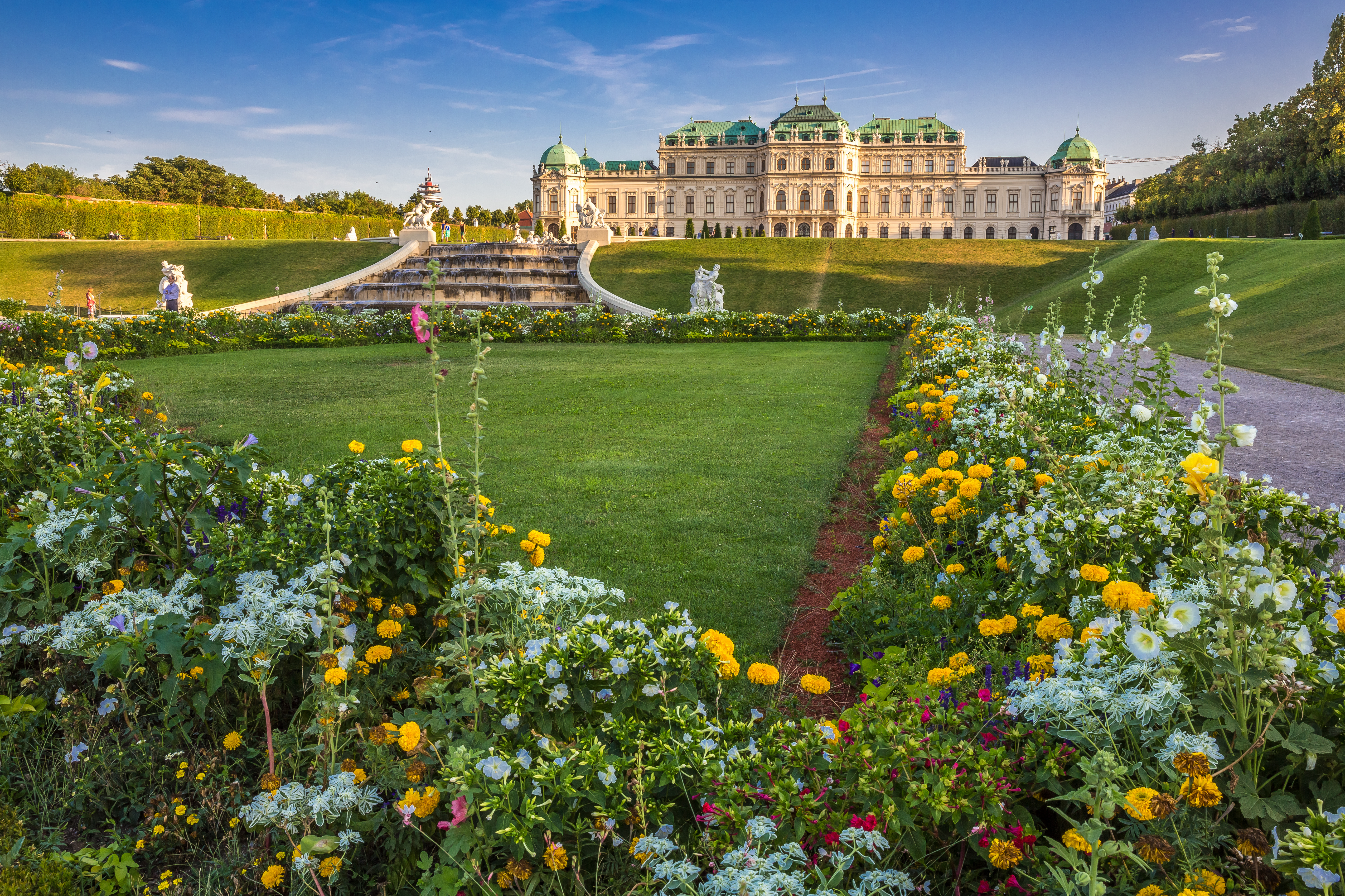 Belvedere Slotspark i Wien med blomstrende sommerblomster i gult og hvidt foran det historiske barokslot