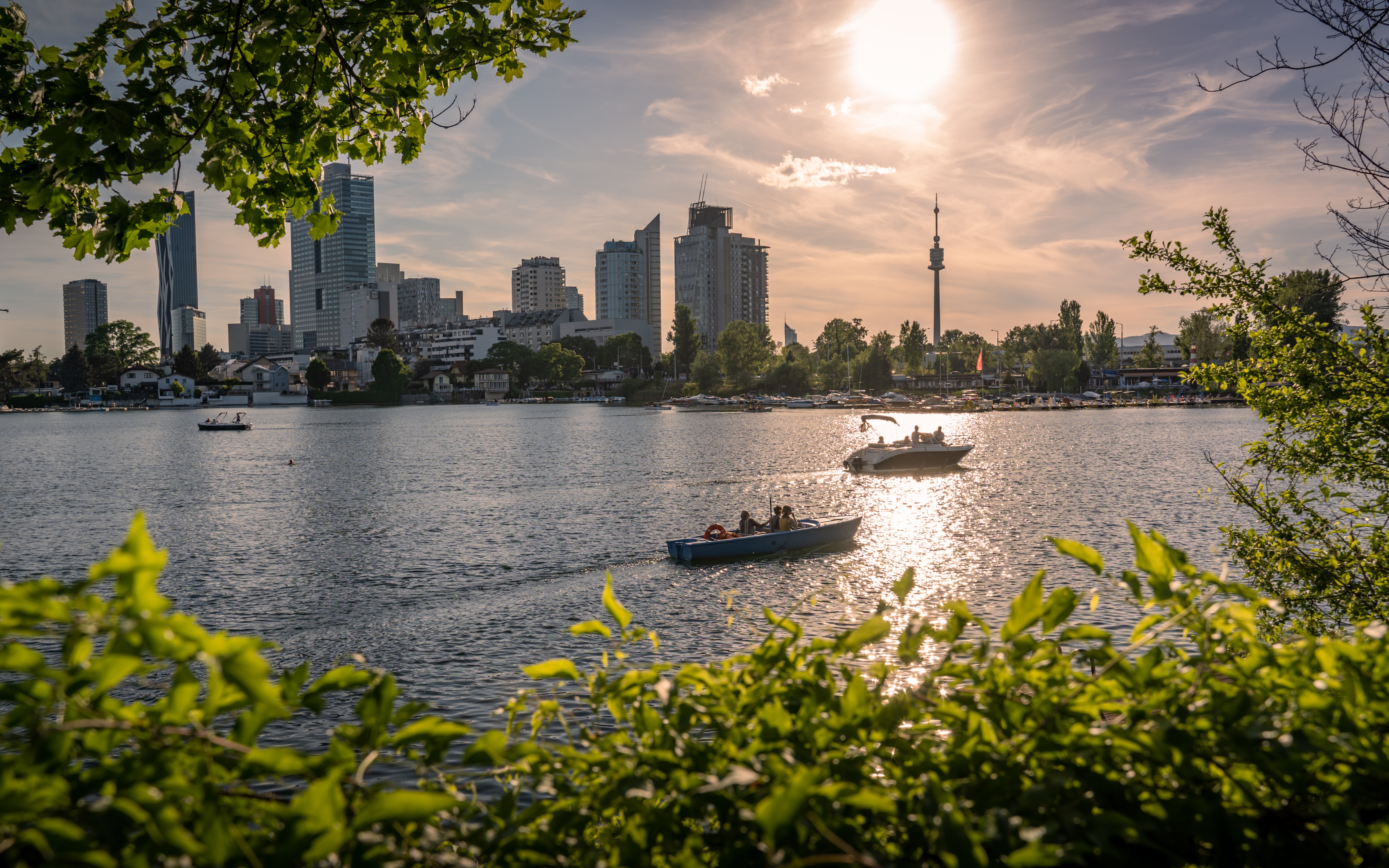 Både nyder en dejlig sommeraften på Alte Donau i Wien med Donauturm og byens skyline i horisonten