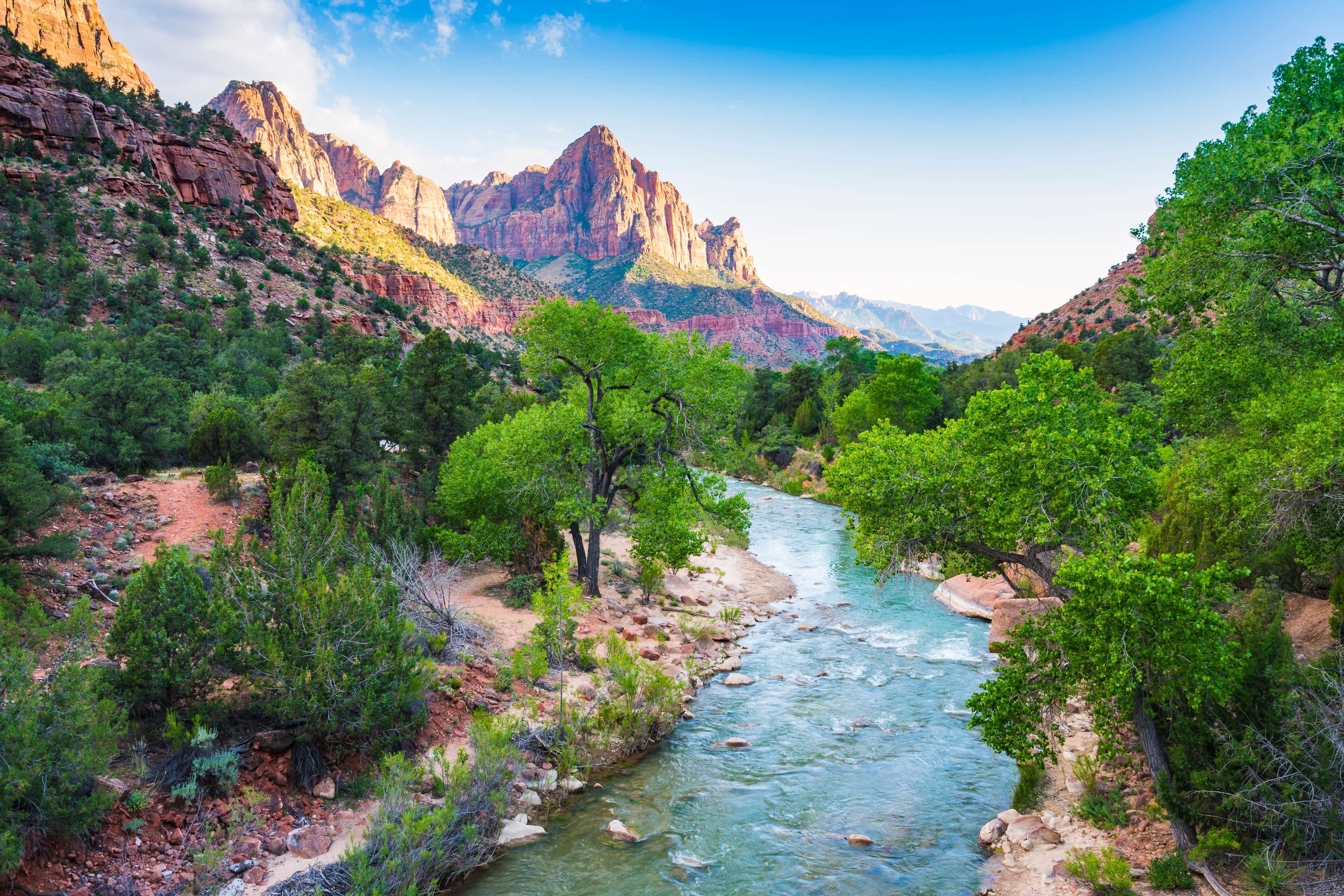 Spektakulær canyon i Zion National Park med flydende flod og dramatiske klipper i Utah