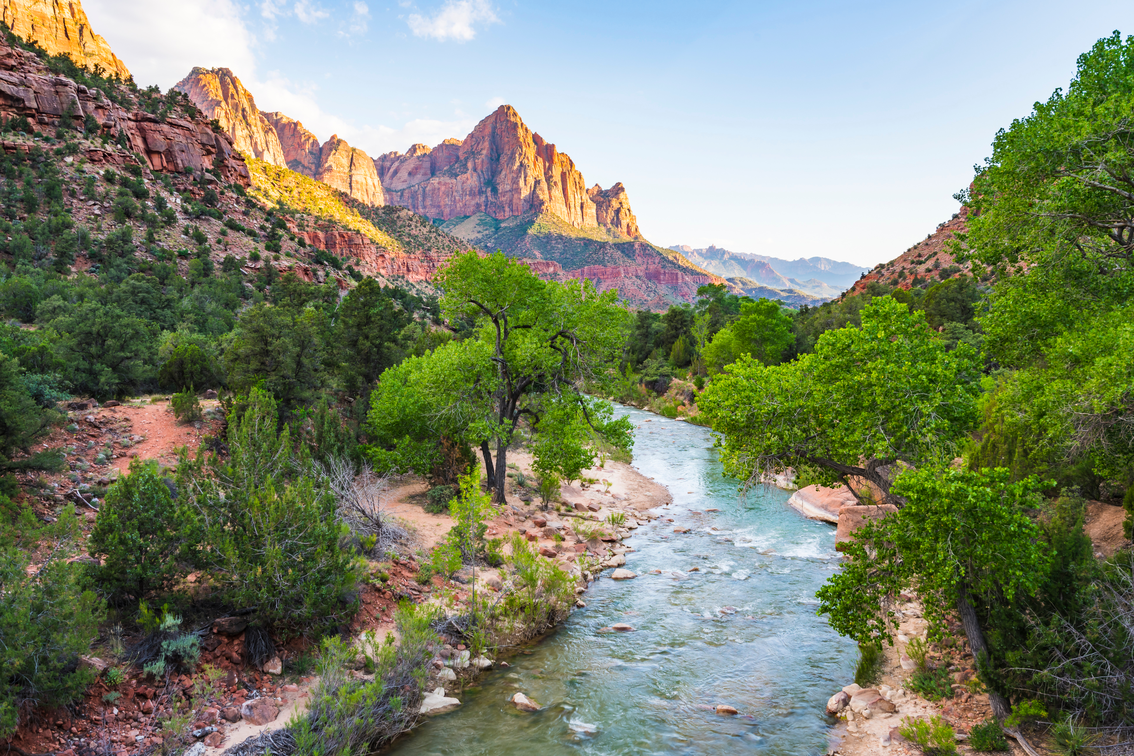 Virgin River snor sig gennem det spektakulære Zion Canyon i Utah, USA